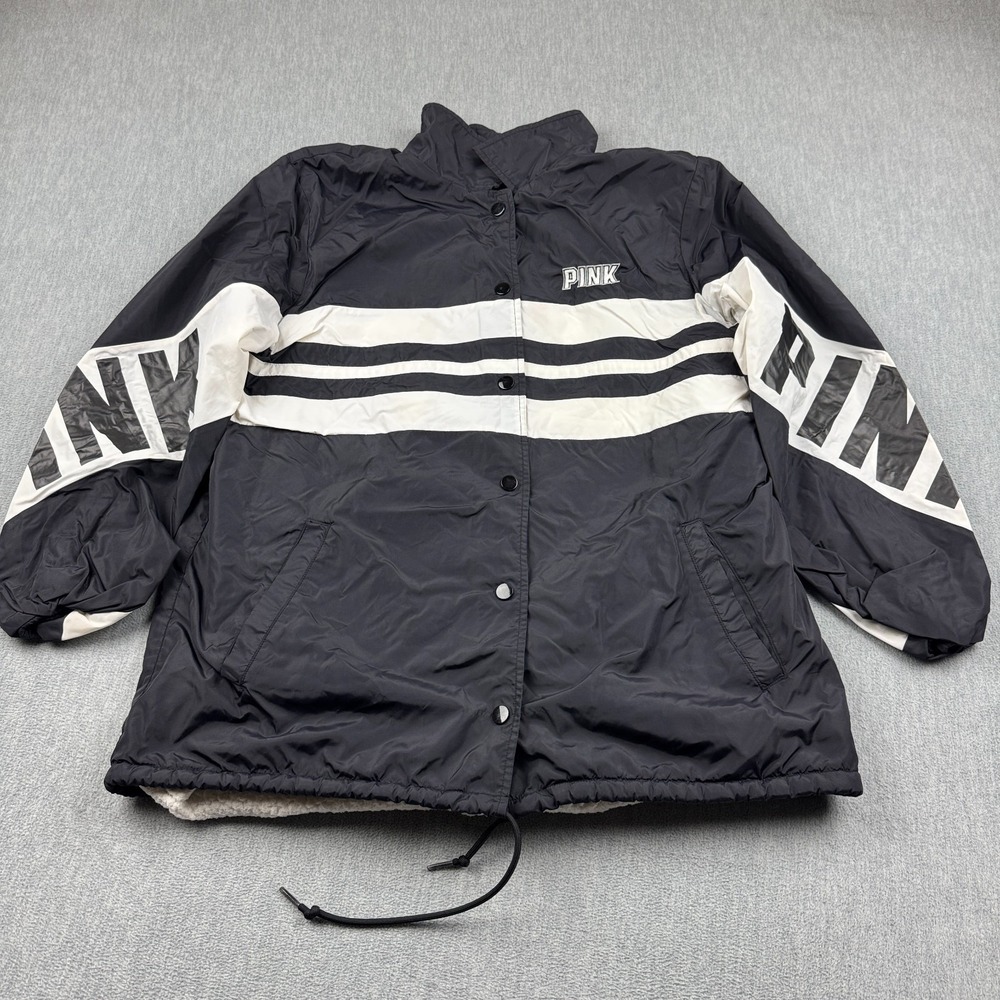 PINK Victoria's Secret Jacket Womens Medium Black White Sherpa Lined Coaches